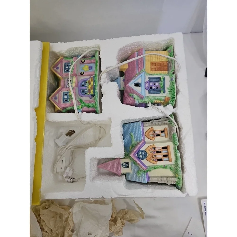 Vintage MERVYN'S EASTER VILLAGE FLOWER SHOP, SCHOOL, LIGHT UP SET, Happy Easter‎